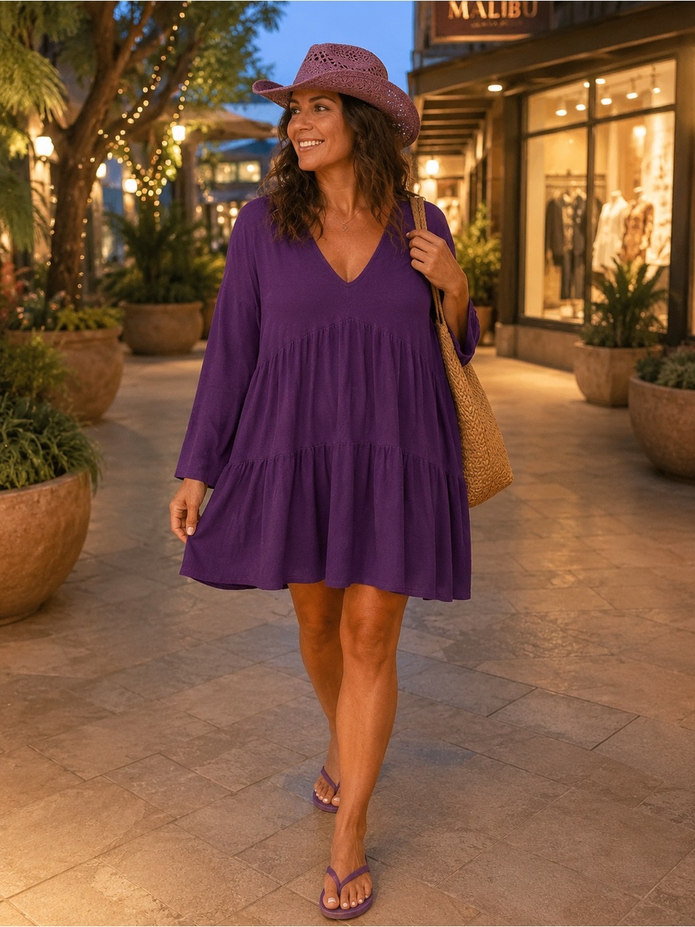 Purple Tiered V-Neck Babydoll Dress